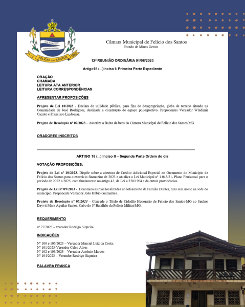 Pauta da 12ª Reunião Ordinária da Câmara Municipal