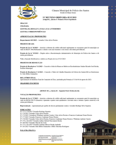 PAUTA DA  21ª  REUNIÃO ORDINÁRIA
