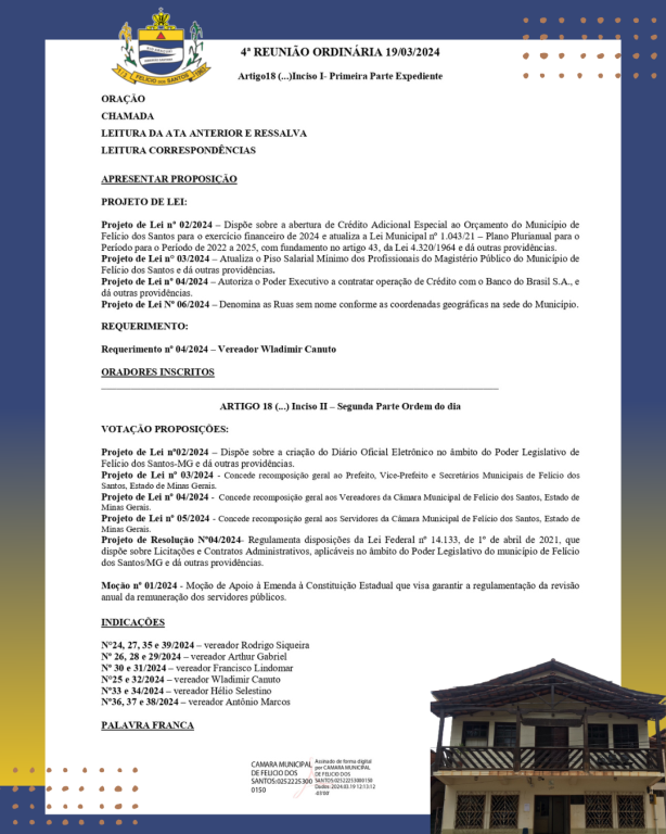 4ª REUNIÃO ORDINÁRIA DA CAMARA MUNICIPAL DE FELÍCIO DOS SANTOS