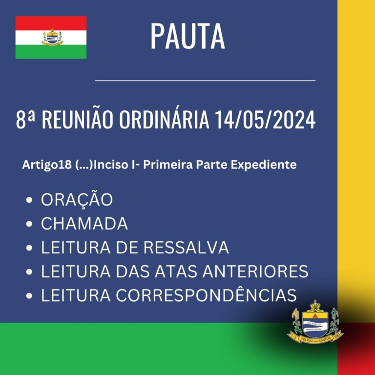 PAUTA DA 8ª REUNIÃO ORDINÁRIA DA CÂMARA MUNICIPAL